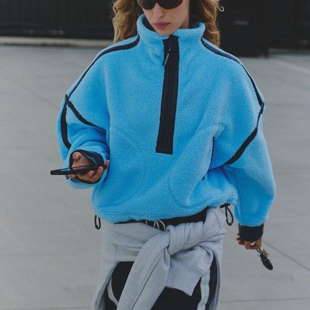 FP Movement by Free People Light Blue Half-Zip Fleece Pullover with Black Trim